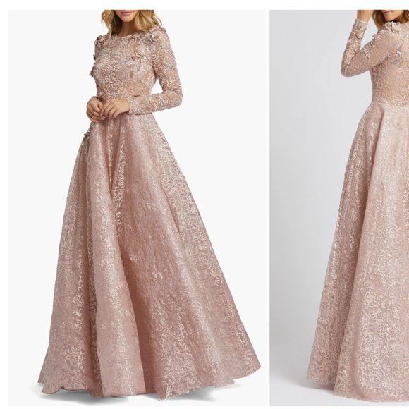 Mac Duggal Floral Embroidered & Beaded Long Sleeve A-Line Mesh Gown - Picture 1 of 5